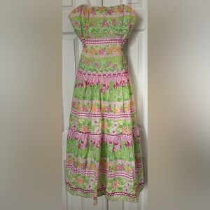 Lilly Pulitzer Strapless Floral monkey Cotton Midi Dress Pink Green Size 6